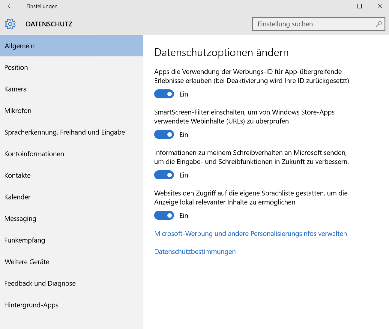 Bild: Windows 10 Datenschutz-Einstellungen (Screenshot)