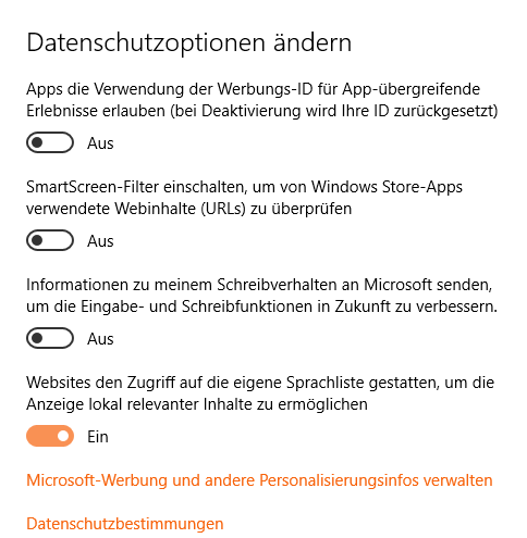 Datenschutzoptionen unter Windows 10 | Bild: Screenshot 2ndsoft.de