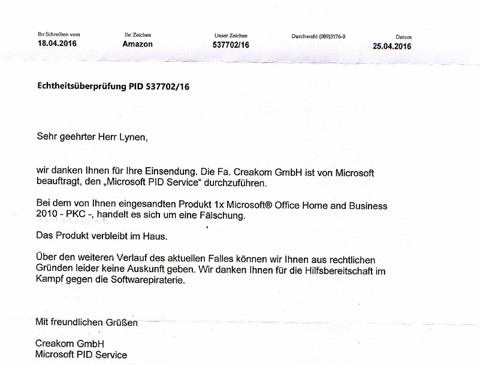 Bild: Antwortschreiben Microsoft PID Service