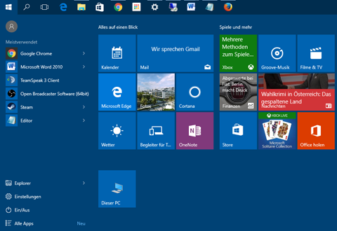 Bild: Screenshot des aktuellen Startmenüs unter Windows 10. Bald wird mehr Werbung zu sehen sein.