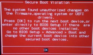 Bild: Hinweis auf Secure Boot Violation