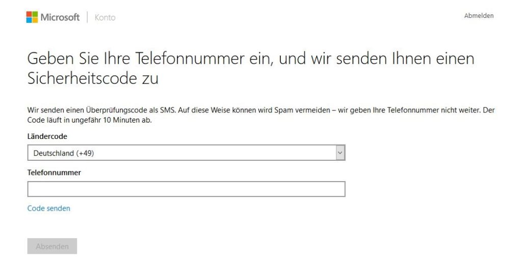 Bild 2: Microsoft fordert den Account-Besitzer zur Eingabe der Telefonnummer auf.