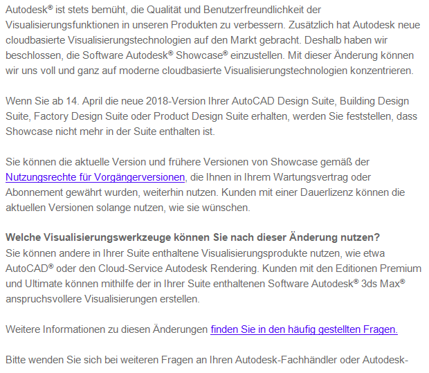 Bild: In dieser Autodesk-Mail erfahren NutzerInnen, dass Autodesk Showcase eingestellt wird