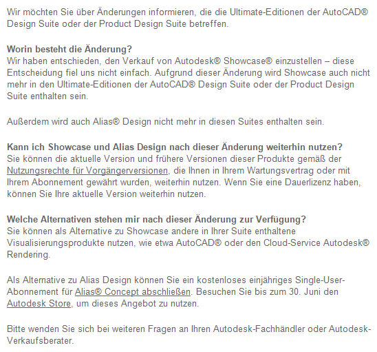 Bild: Autodesk informiert in dieser E-Mail Kunden über die Zukunft von Autodesk Alias Design