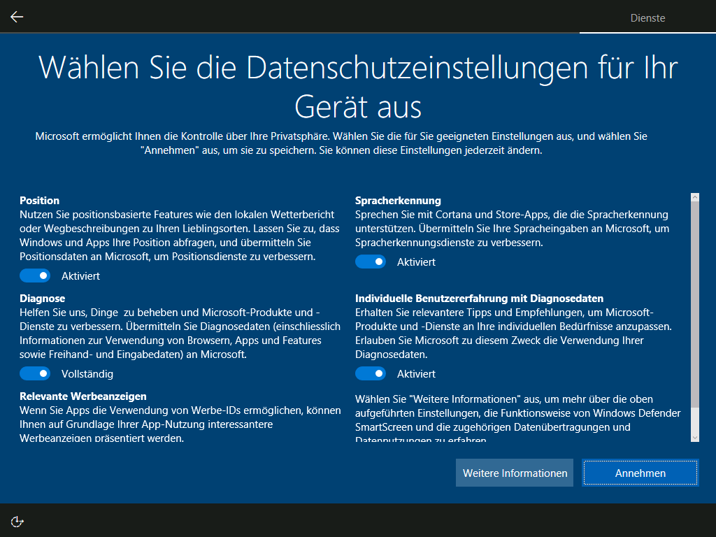 Foto: Die neuen Datenschutzeinstellungen werden bei einer Neuinstallation von Windows 10 angezeigt – sie enthalten deutlich mehr Informationen über die Auswirkungen der getätigten Einstellungen | © Microsoft