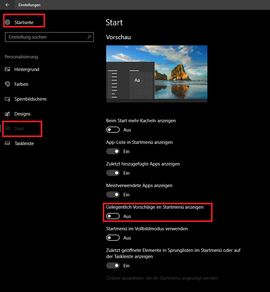 Screenshot: So entfernen Sie die Werbung im Startmenü von Windows 10. | © gebrauchtesoftware.de