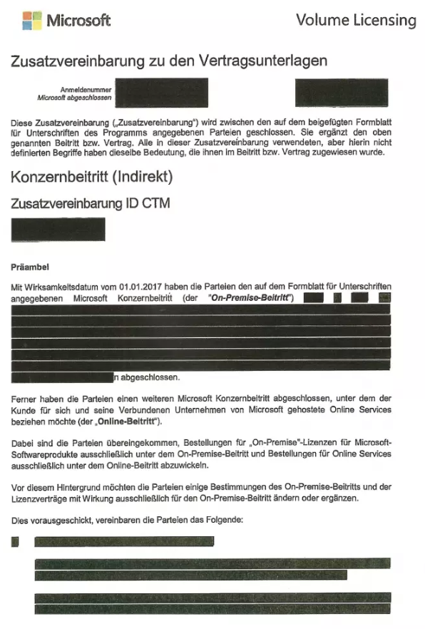 Foto: Zusatzvereinbarung zu den Vertragsunterlagen – Dokument, das nach Informationsfreiheitsantrag seitens der c't publiziert wurde