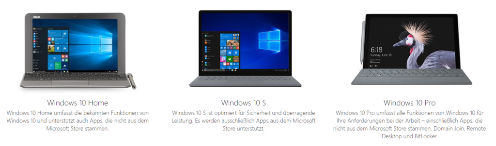 Foto: Versionsvergleich Windows 10 Home, Windows 10 S und Windows 10 Pro | © Microsoft