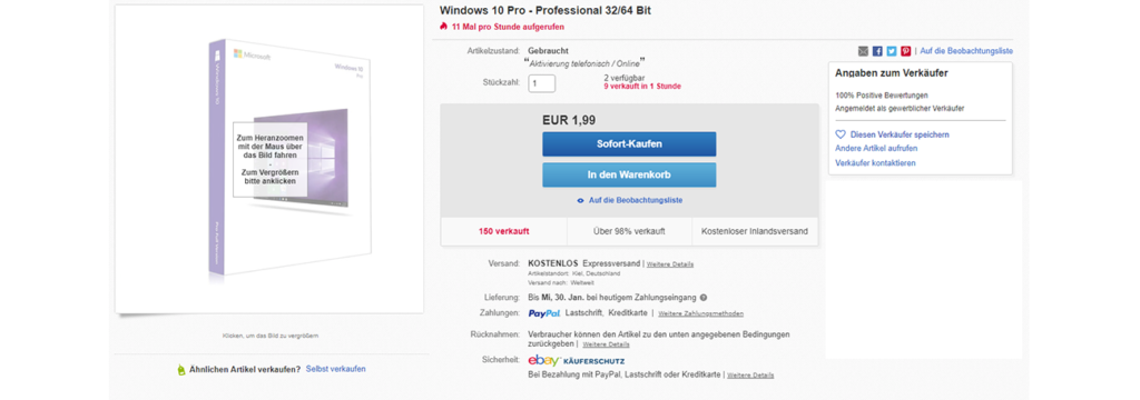 eBay Software Betrug Windows 10 Pro Professional 32/64 Bit Anzeigee Annonce Verkauf Angebot Lizenz Key Produktschlüssel