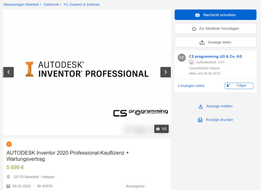 Autodesk Inventor 2020 Professional VRED REVIT 2020 eBay Kleinanzeigen Lizenz Lizenzrecht Lizenzierung