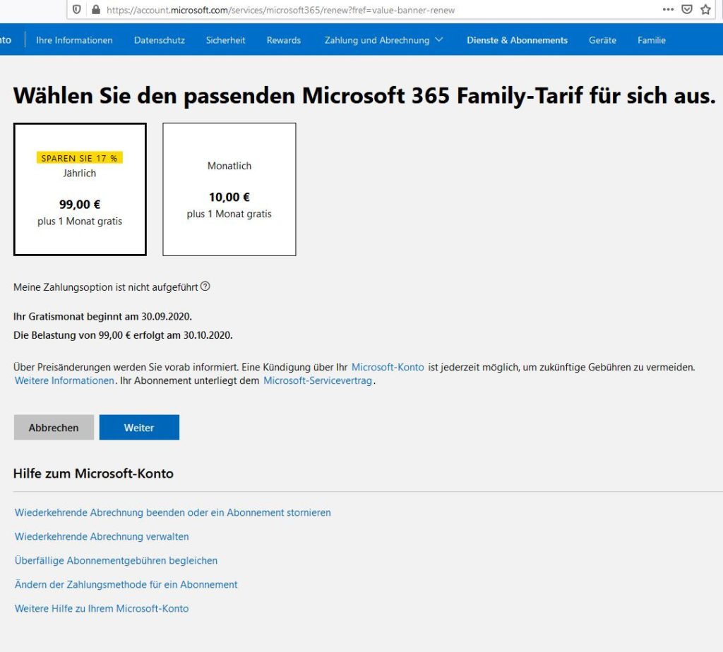 Foto 2: Während jährliches und monatliches Abonnement von Microsoft 365 problemlos ausgewählt und bezahlt werden können, fehlt in dieser Übersicht ein Hinweis auf die Eingabe von Produktschlüsseln. | Screenshot: Gebrauchtesoftware.de